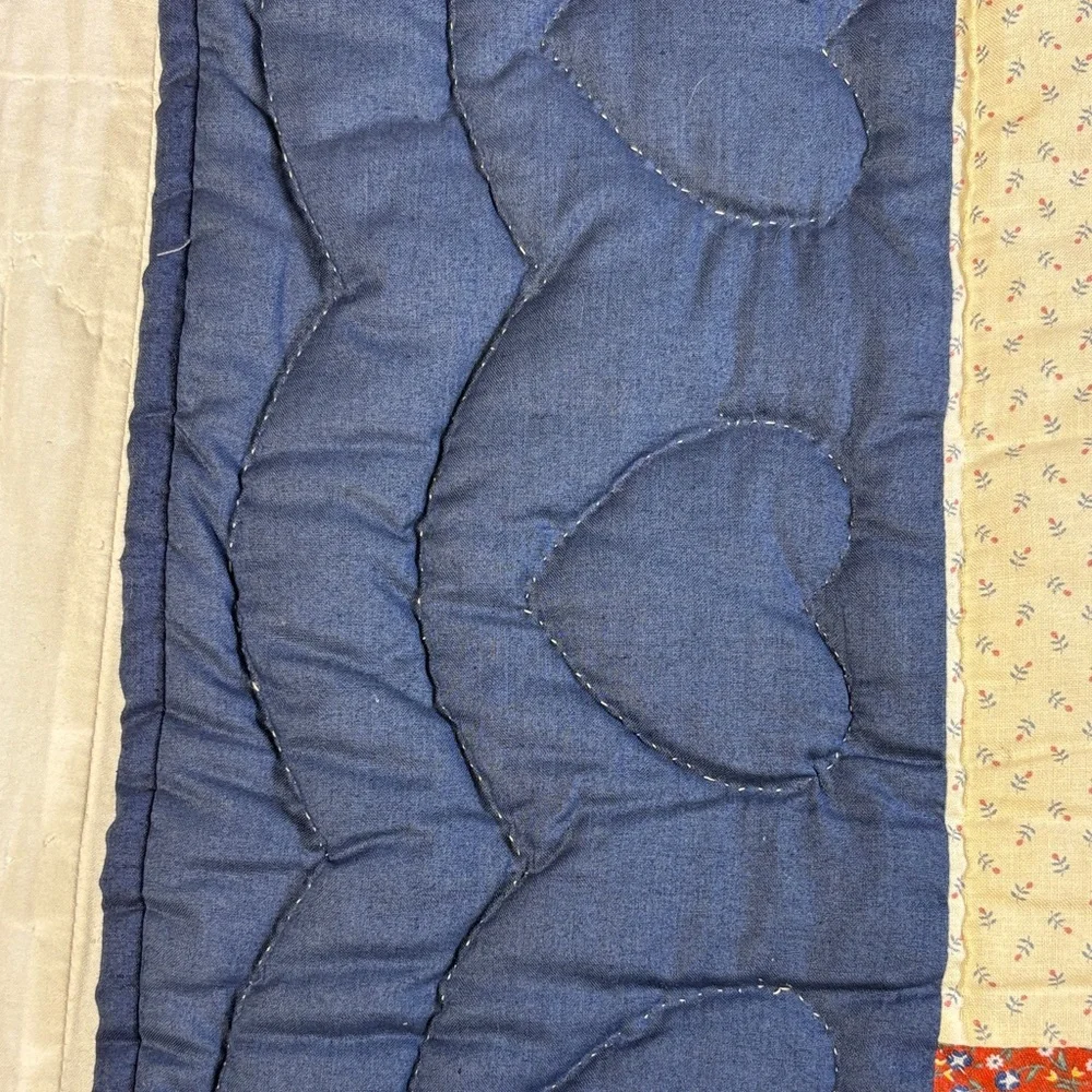 Handmade Vintage Sampler‎ Quilt Blue Border Hearts Fan Pinwheel Americana Decor